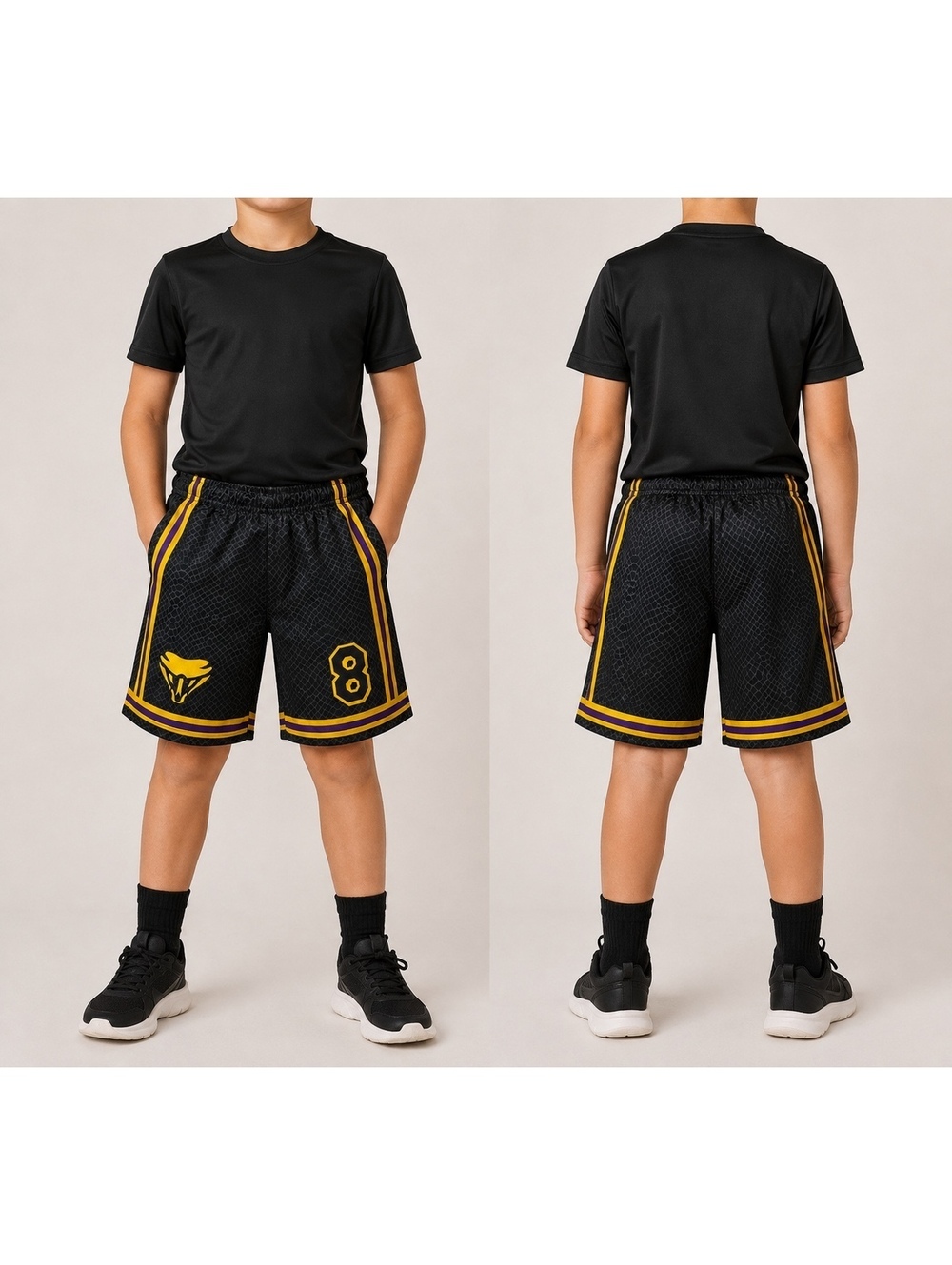 Youth Basketball Shorts Black Purple Gold #8 Snake Logo Athletic 9” Waist - Picture 3 of 6